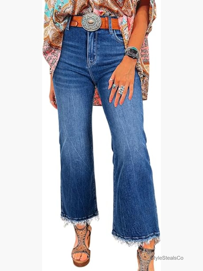 High Waisted Stretchy Flared Jeans Raw Hem Straight Leg Denim Pants